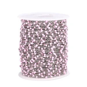 Stainless steel enamel beaded chain roll for DIY jewelry making, pink enamel satellite chain spool.