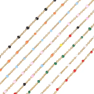 Gold plated stainless steel cable chains with colorful enameled beads for DIY jewelry making.