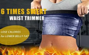 Detailed view of sweat waist trimmer belt in action, showing high elasticity and thermal effect.