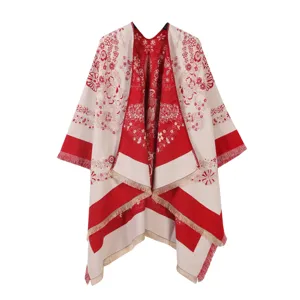 Women Red Floral Poncho Fall Winter Fringe Cape Casual Warm Open Front Shawl Outerwear