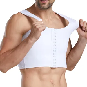 Camiseta de compresión blanca para hombres con cierre frontal para soporte de espalda.