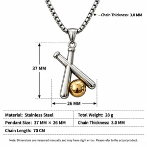 Collier Pendentif Batte de Baseball en Acier Inoxydable Bijou Sport Homme Détail Spécifications