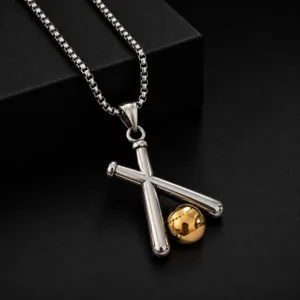 Collier Avec Pendentif Batte De Baseball En Acier Inoxydable Charme De Sport 3D Bicolore Chaîne Vénitienne Accessoire De Streetwear Pour Hommes Femmes