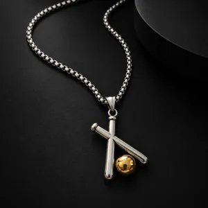 Pendentif batte de baseball en acier inoxydable, collier sport homme détail de style.