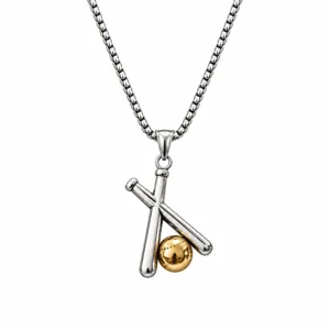 Collier pendentif batte de baseball en acier inoxydable, design sportif bicolore tendance.