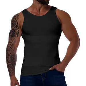 Camiseta de compresión hombre faja chaleco fitness, vista detallada con ajuste elástico.