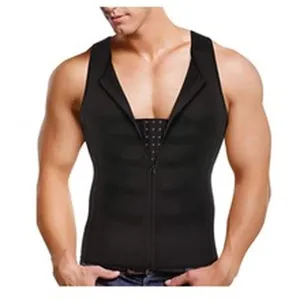 Men black neoprene sweat waist trainer vest with zipper and hook closure for fitness workout.