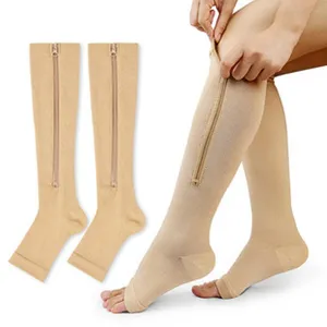 Bas de contention à fermeture éclair pour femmes orteils ouverts couleur chair 1 paire