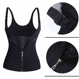 Close-up details of black waist trainer vest featuring adjustable straps and sturdy front zipper.