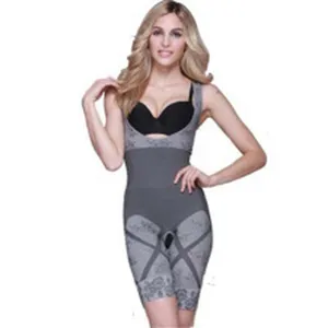 Detailed closeup view of grey women full body shaper shapewear with tummy control feature.