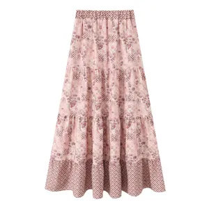 Eleganter Vintage Blumenprint Stufen Maxirock, europäischer Stil Damen langer Rock.