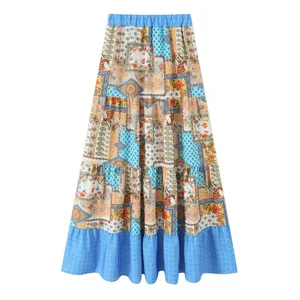 Retro boho bedruckter gestufter Rock, vintage Patchwork Muster Maxirock elegante Stil.