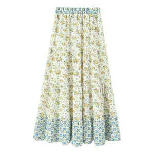 Damen vintage blumenmuster stufenmaxirock hohe taille langer rock für sommer mode