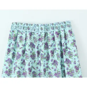 Hellblaues lila Blumenmuster Midirock elastischer Bund Sommer lässig schickes Kleidungsstück.