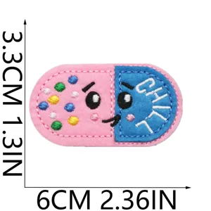 Cute cartoon pill shaped embroidered patch with chill text for clothing bag decoration