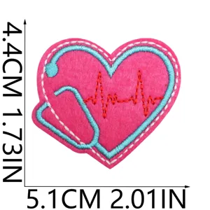 Medical heart embroidery patch with cute stethoscope and ECG pattern close-up detail