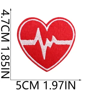 Red heart ECG embroidery patch, fabric iron-on clothing badge, DIY decorative applique.