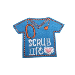 Blue scrub nurse uniform embroidered patch with stethoscope and scrub life slogan.