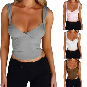 Canotta da Donna Sexy Tinta Unita Aderente Scollo a V Arricciato Lunghezza Crop Senza Maniche Schiena Scoperta Intrecciata Pullover per Estate Festa Casual Top
