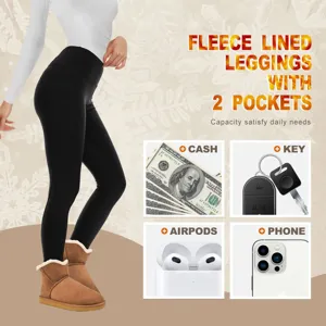 Dettaglio di leggings a vita alta foderati in pile con doppie tasche laterali per l'uso.