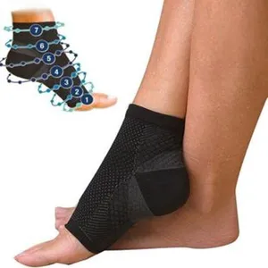 Detailed close-up view of black compression ankle sleeve featuring 7 ergonomic support zones.