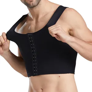 Camiseta de compresión de pecho para hombre chaleco moldeador negro con ganchos fitness