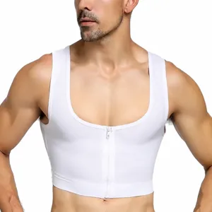 Chaleco moldeador de compresión blanco para hombre con cremallera frontal detalle.