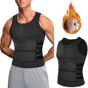 Men neoprene sweat waist trainer vest detail showing zipper closure and double velcro belts.