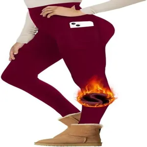 Leggings invernali felpati da donna vita alta pantaloni termici caldi con tasche bordeaux