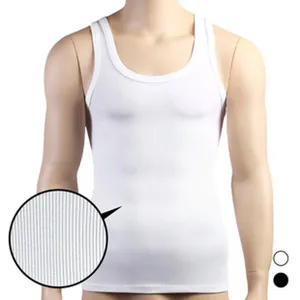 Men's white ribbed tank top detail view showing soft fabric texture and solid color design.