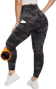 Vista dettagliata dei leggings a vita alta foderati in pile con tasca per calore invernale.