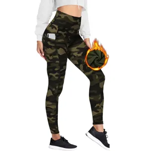 Leggings termici mimetici vita alta con tasca, pantaloni yoga caldi invernali da donna.