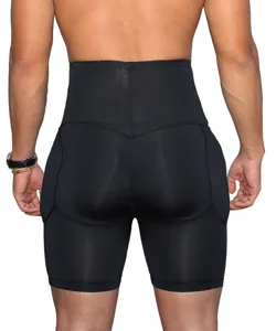 Men's high waist butt lifting shapewear shorts, black tummy control boxer briefs detail.