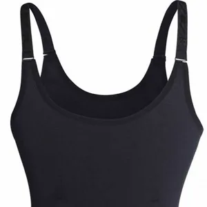 Black scoop neck shapewear vest with adjustable straps for slim body and daily casual wear.
