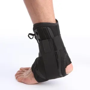 Adjustable sports ankle brace for sprain recovery and protection with breathable material.