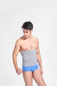 Close-up detail of men grey knit abdomen shaping waist belt showing texture and fit.