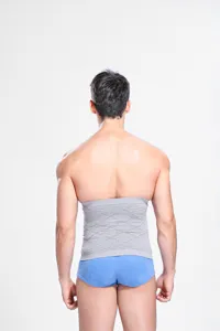 Detailed view of men's grey belly shaping belt waist corset back support shaping.