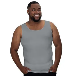 Vista detalle camiseta tirantes compresión hombre, prenda fitness gris moldeadora elástica.