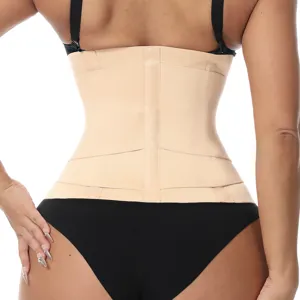 Vista detallada de la faja reductora beige y soporte de espalda con correas elásticas.