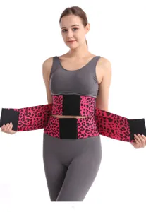 Leopard print waist trainer detail, double strap fitness belt, elastic tummy control corset.