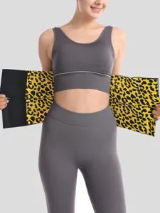 Close-up detail of leopard print waist trainer belt for women fitness workout support.