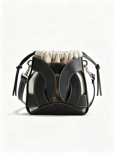 Borsa a Secchiello in Pelle PU Patchwork alla Moda per Donna Borsa a Tracolla Pendolare di Design con Coulisse Interna