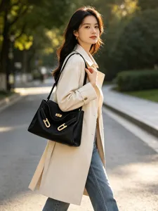 Vue détaillée du sac à épaule en cuir noir avec serrure métallique chic et décor urbain.