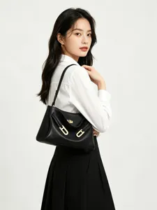 Sac porté épaule noir pour femme, élégant sac à main tendance avec serrure pour le bureau.