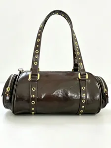 Vintage Nieten PU Leder Boston Tasche Für Damen Retro Kaffee Bowling Umhängetasche Glänzende Lässige Handtasche Mit Metallösen