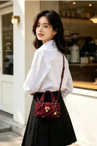 Borsa a tracolla moto in velluto bordeaux, dettagli con borchie e lucchetto per donna.