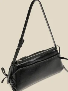 Schwarze Lackleder Achsel Umhaengetasche fuer Damen, schicke Handtasche mit Schleife Alltag.