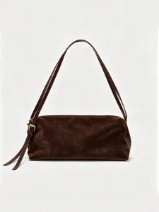 Dark brown faux suede shoulder bag for women, chic commuting underarm handbag with strap.