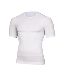 Men seamless body shaper detail view, breathable compression short sleeve undershirt.