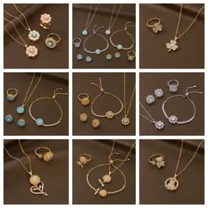 Collar de Pendiente de Flor de Trébol de Acero de Titanio Incrustado de Diamantes de Imitación Joyería de Moda para Mujer Cadena de Clavícula Oro Plata